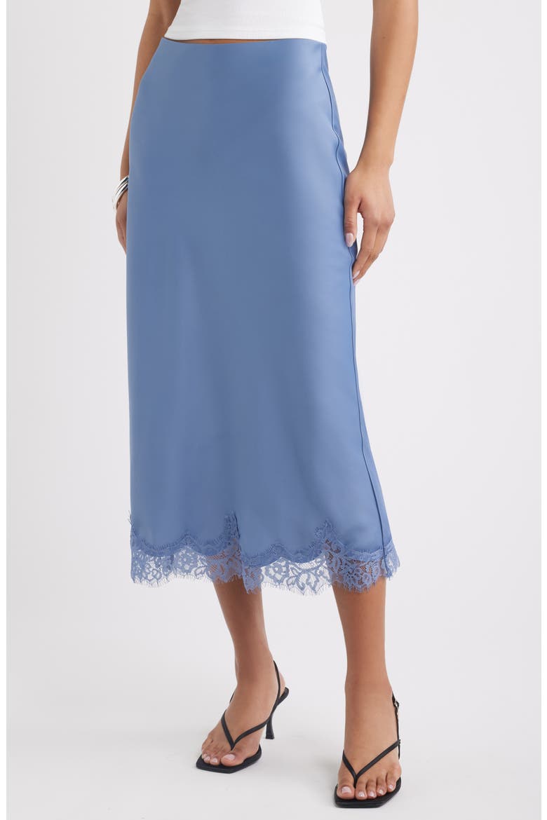 Lace Trim Satin Midi Skirt