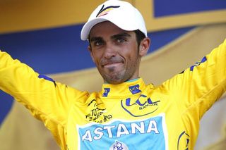 Alberto Contador (Astana) heard some boos from the podium as he received the yellow jersey for the first time in this Tour de France