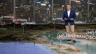 KPIX San Francisco chief meterologist Paul Heggen delivers a forecast on the station’s virtual reality set. 