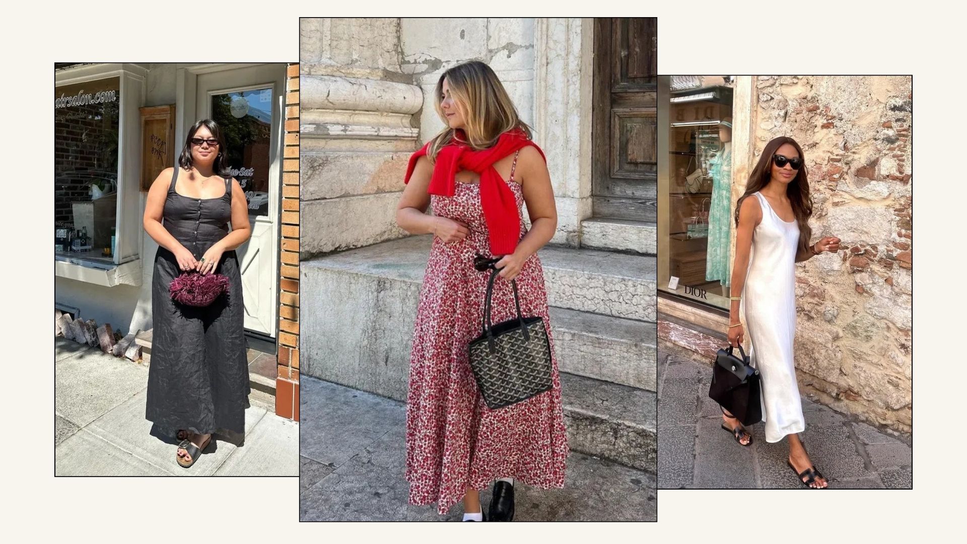 Woman wears black dress and black sandals; woman wears red dress and loafers; woman wears white dress and black sandals