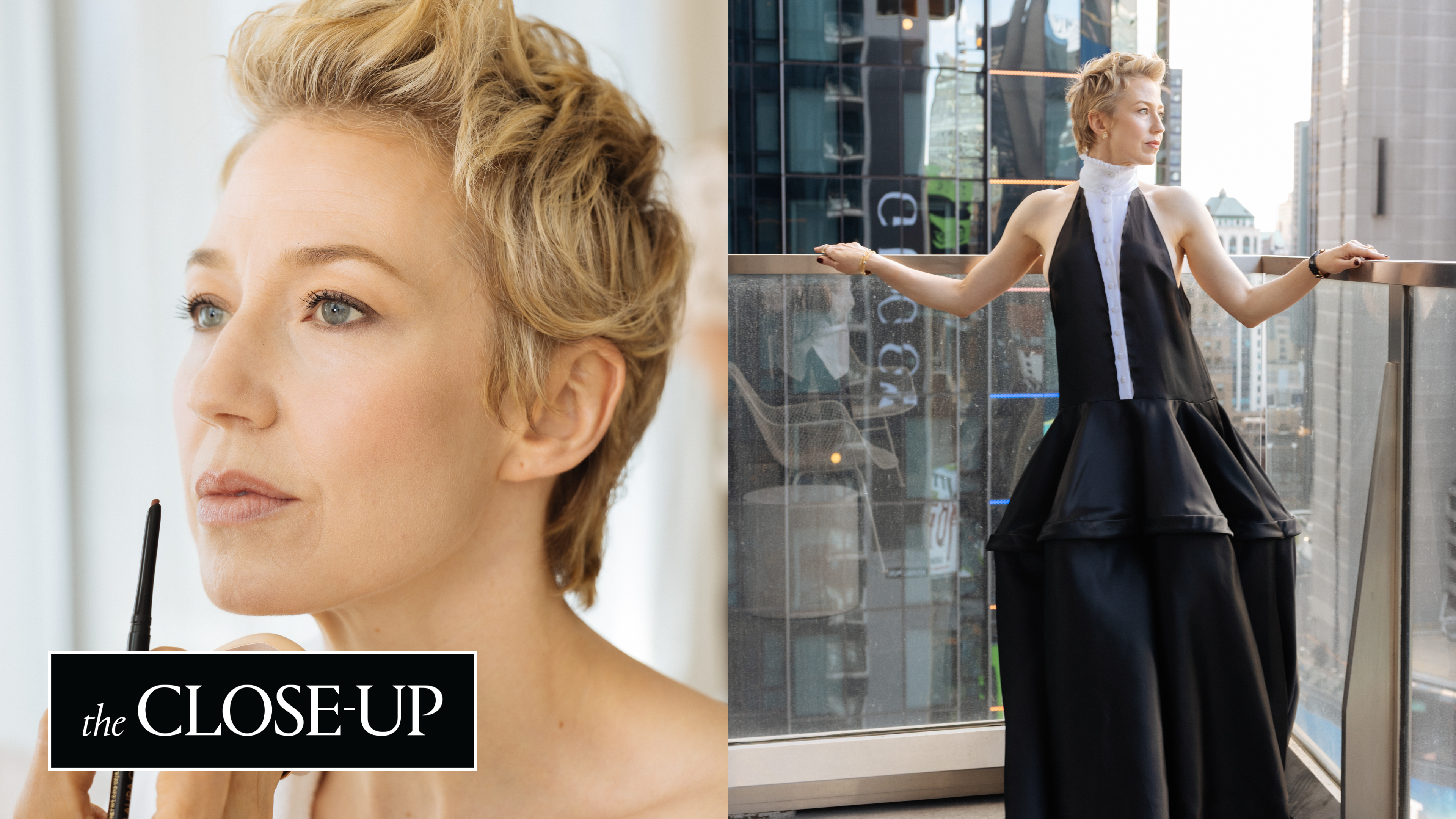 Carrie Coon getting ready for the 2026 Tony Awards wearing a black Altuzarra dress