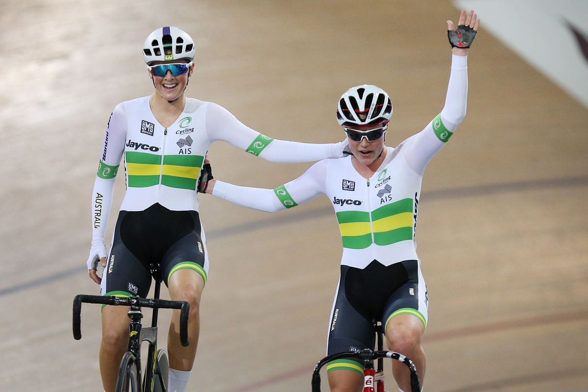 Kristina Clonan and Macey Stewart (Australia) celebrate the madison win