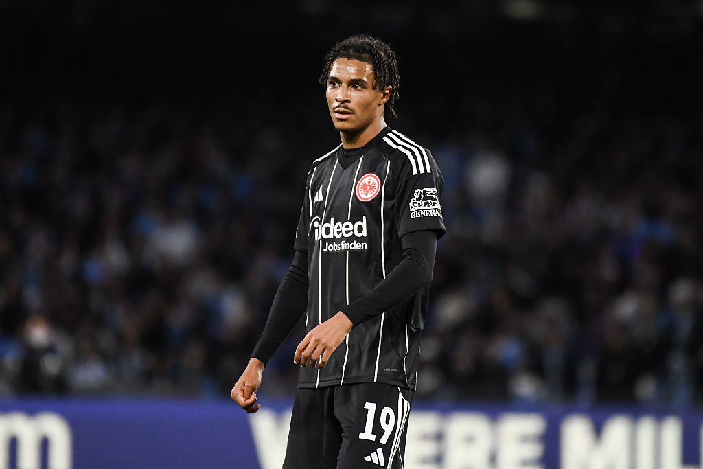 Jean-Matteo Bahoya of Eintracht Frankfurt during the UEFA Champions League 2025/26 League Phase MD4 match between SSC Napoli and Eintracht Frankfurt at Stadio Diego Armando Maradona on November 04, 2025 in Naples, Italy.