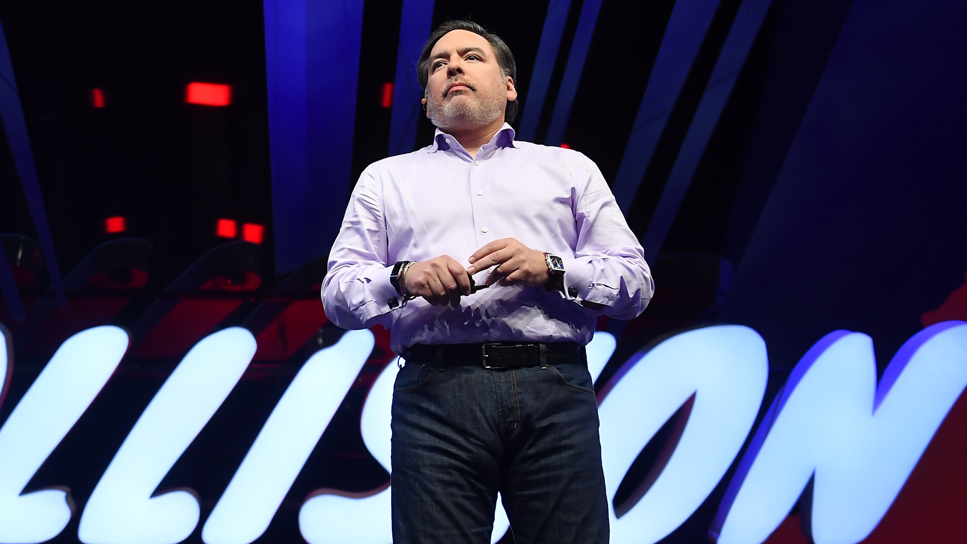 Toronto , Canada - 21 May 2019; Shawn Layden, Chairman, Worldwide Studios, Sony Interactive Entertainment (PlayStation), on Centre Stage during day one of Collision 2019 at Enercare Center in Toronto, Canada. (Photo By David Fitzgerald/Sportsfile via Getty Images)