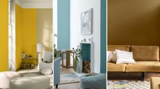 three living rooms with different coloured walls