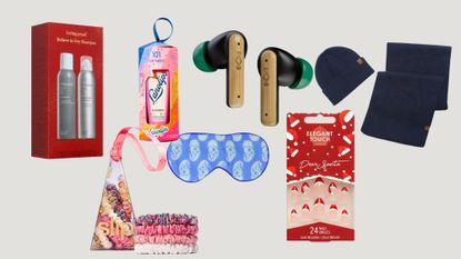 A selection of products on a beige background showing some of the best stocking filler ideas