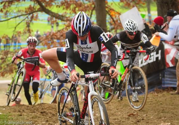 Jeremy Powers (Rapha Focus) racing in third place at the stairs