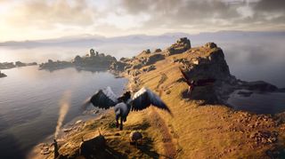Hogwarts Legacy trailer - A pegasus flies over a rocky landscape next to water