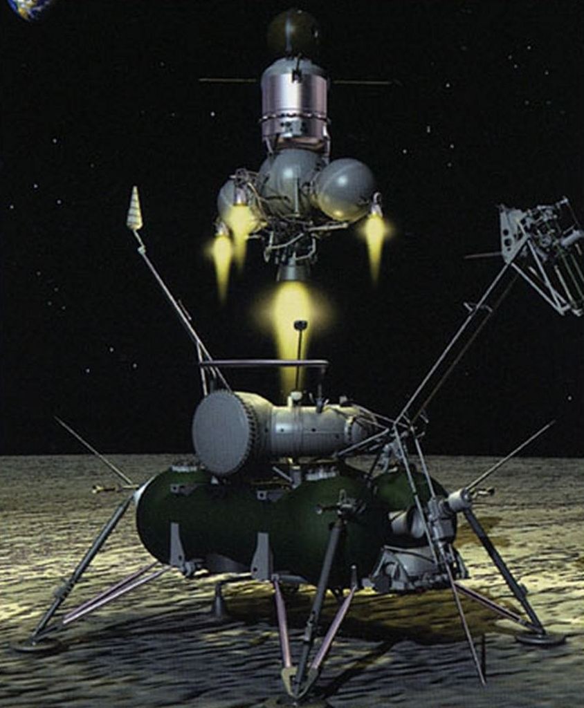 A Roscosmos illustration of the Luna 24 lunar sample return capsule launching from its lander to return pieces of the moon to Earth in August 1976.