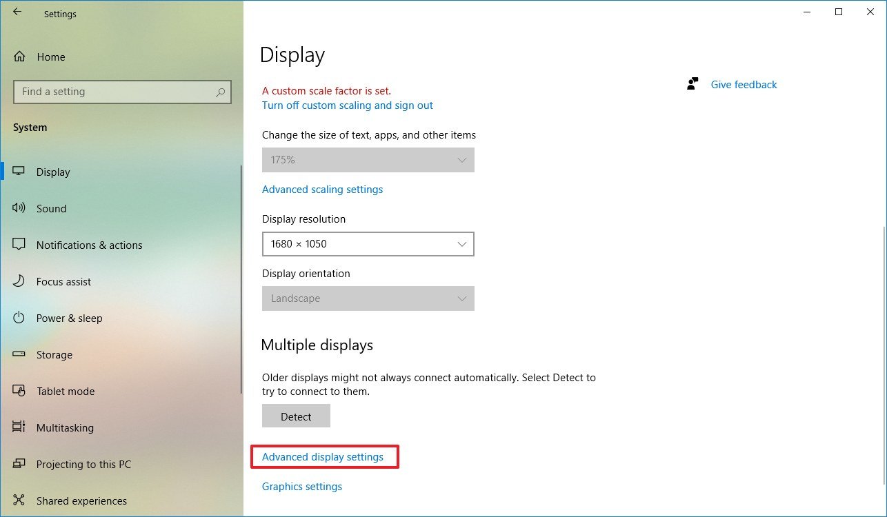 Windows 10 Advanced Display Settings option