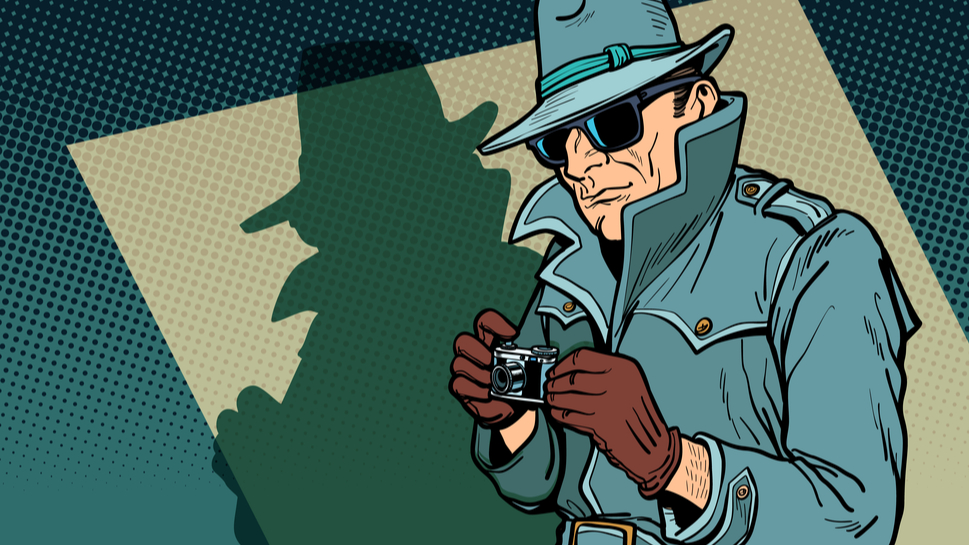 An illustration of a 1960s spy with sunglasses and a big coat