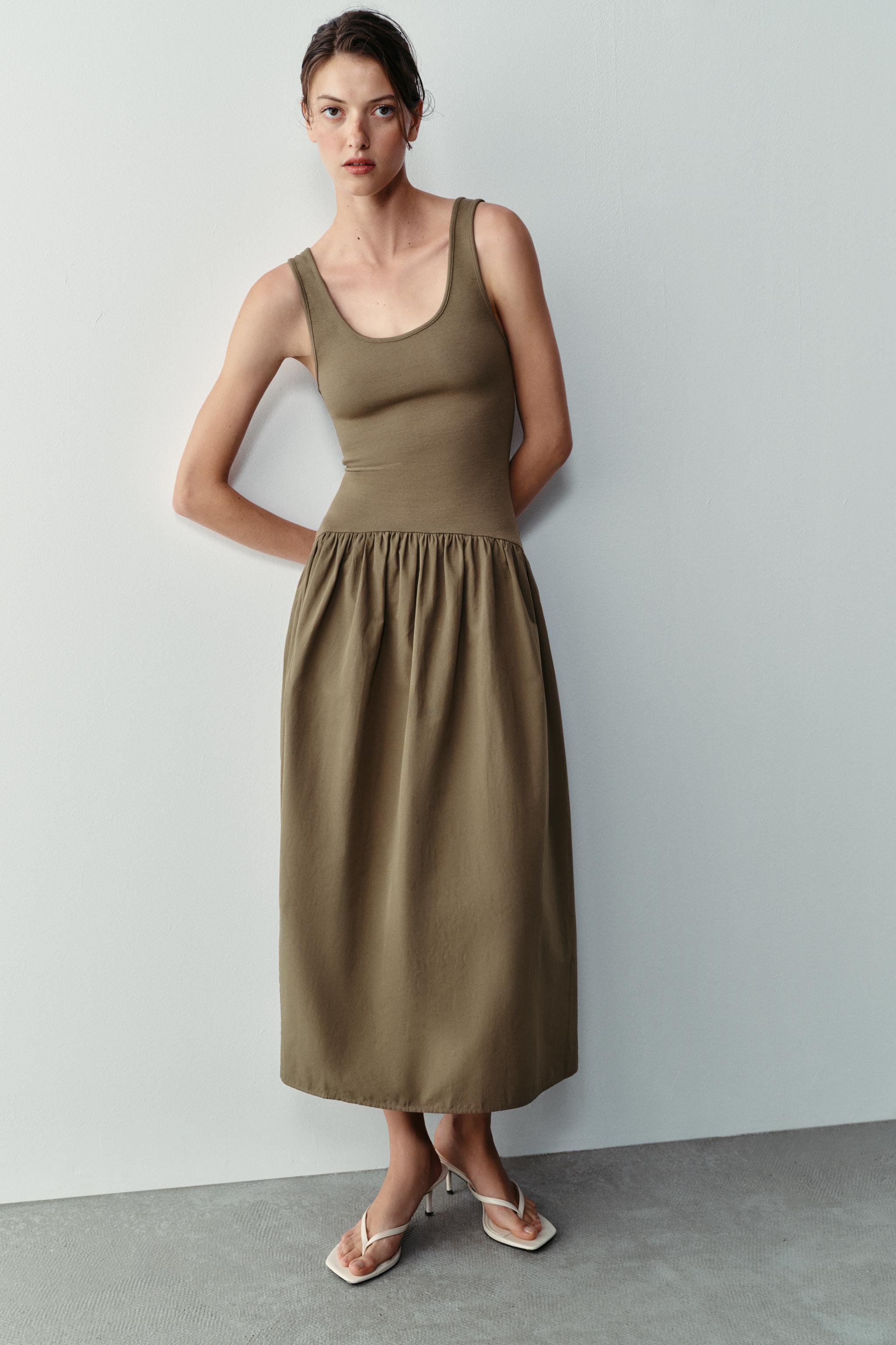 Contrast Strappy Dress - Dark Khaki - S