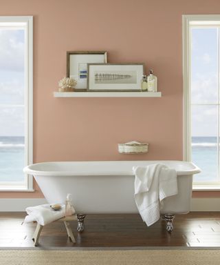 Behr Color of the Year in a bathroom with a view over the ocean
