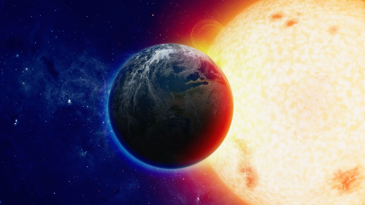 planet Earth in space, bright glowing sun. Elements of this image furnished by NASA