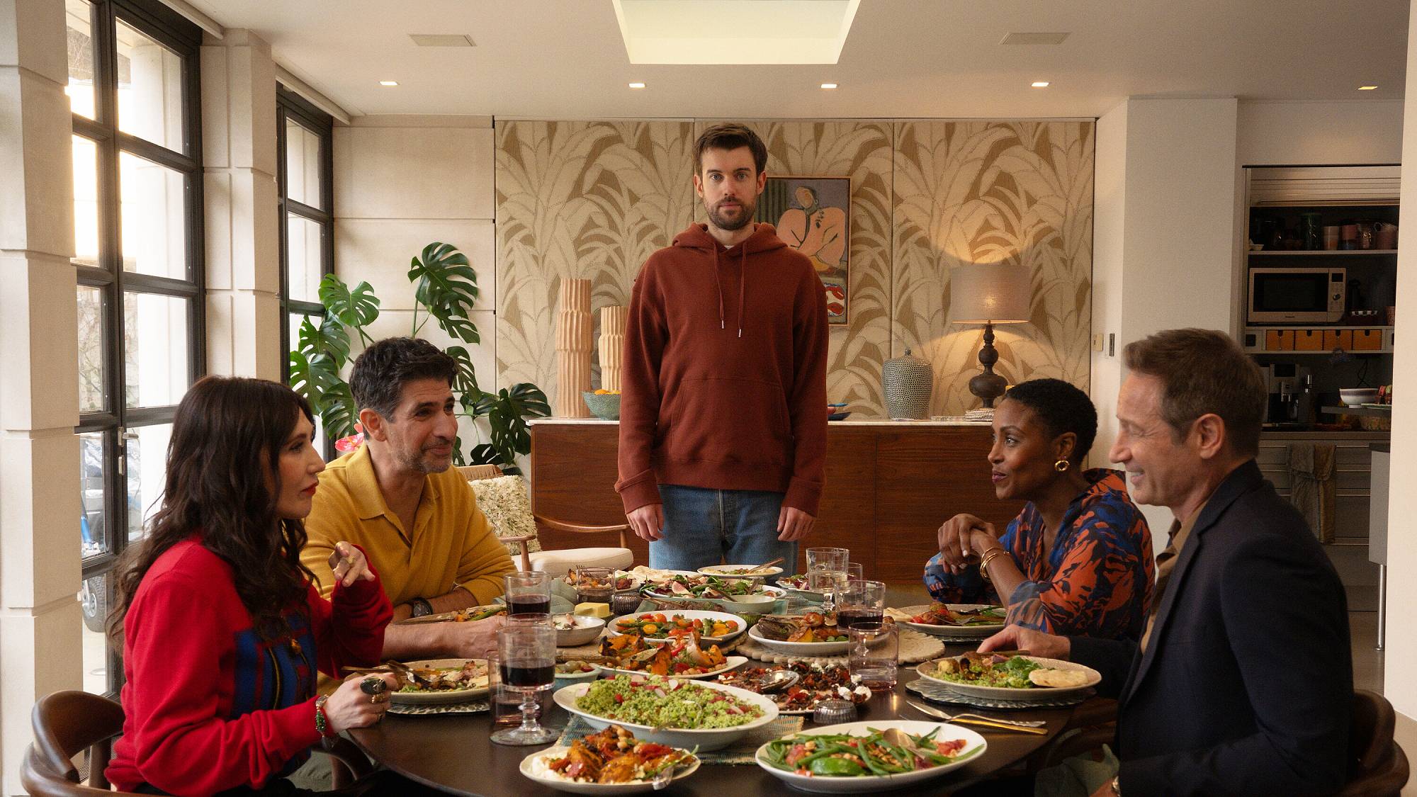 (L-R): Nat Tanner played by Carice Van Houten, Damien played by Raza Jaffrey, Adam played by Jack Whitehall, Jules played by Christine Adams , and Jamie Tanner played by David Duchovny in &quot;Malice&quot; on Prime Video