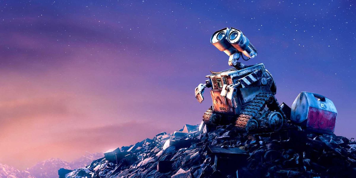 Wall-E staring up at the stars, from a trash heap