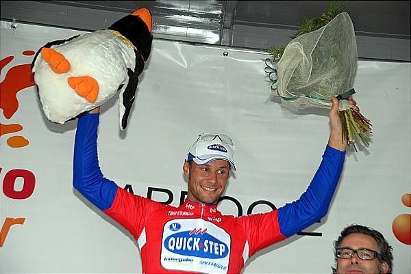 Tom Boonen gets the penguin and flowers a curious prize for the stage winner.