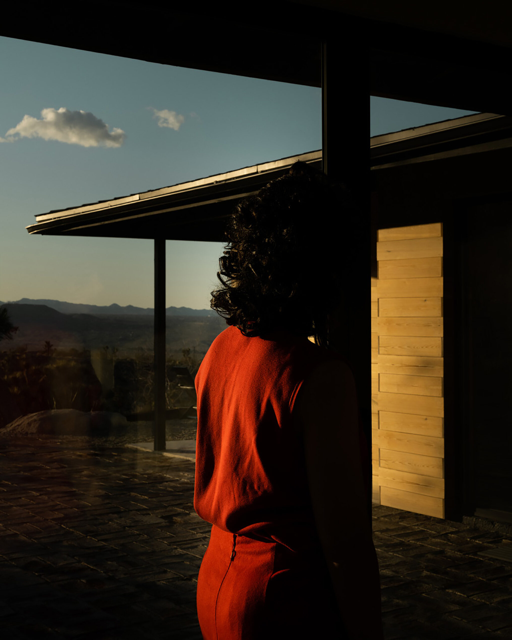 Paris Photo 2025 image: woman in red, from behind, against blue sky and building