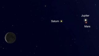 Jupiter will be in conjunction with Mars on March 20, 2020, at 2:21 a.m. EDT (0621 GMT). The crescent moon and Saturn will be visible nearby.