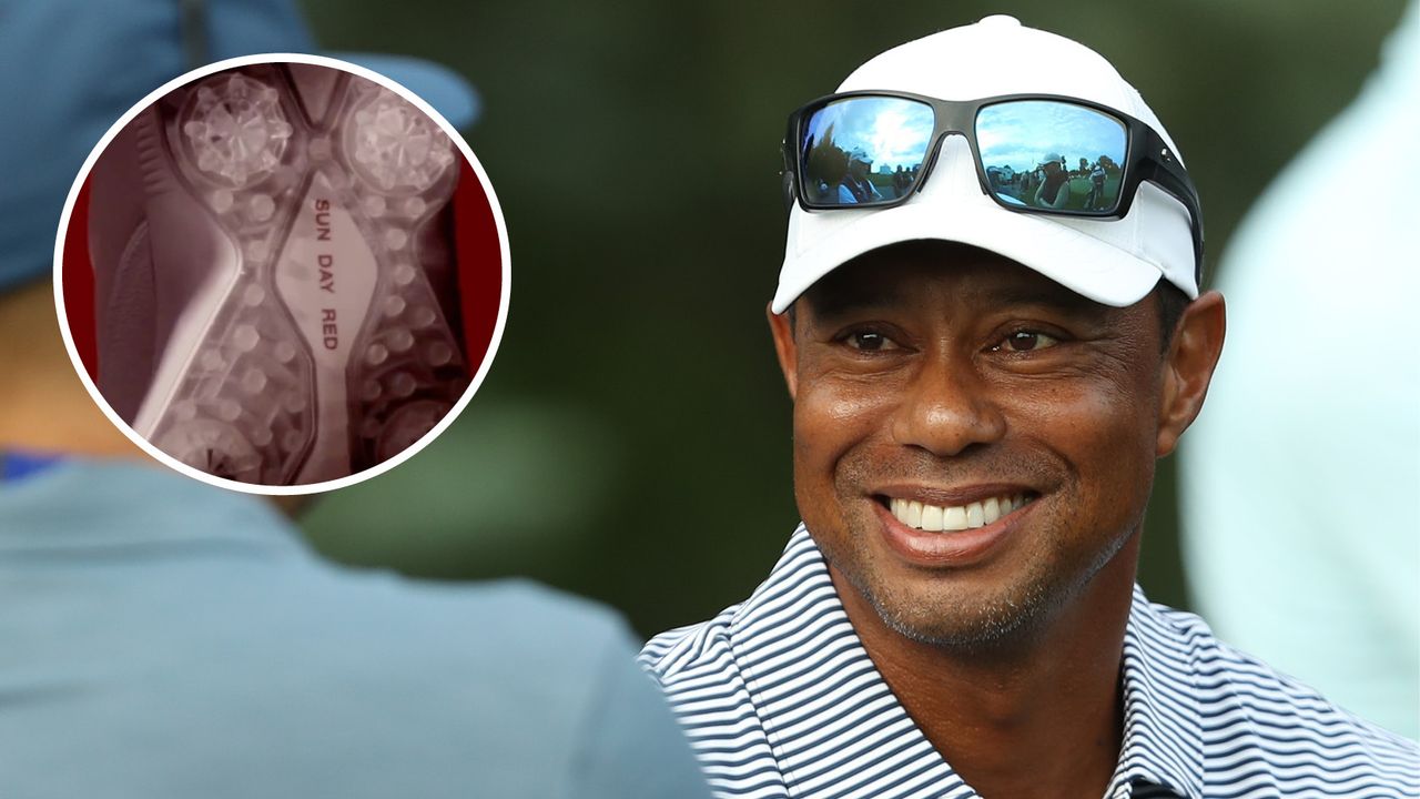 Main image of Tiger Woods smiling while inset photo shows sole of new Sun Day Red shoe