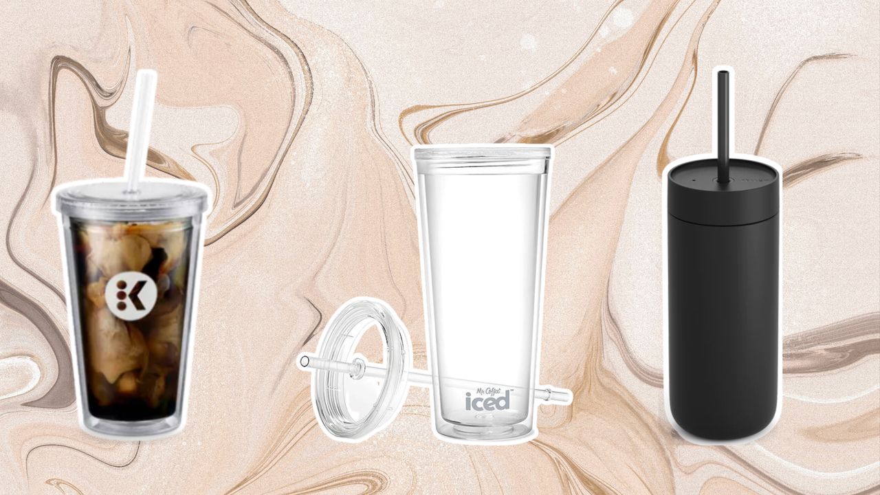 A trio of iced coffee cups on swirled brown background