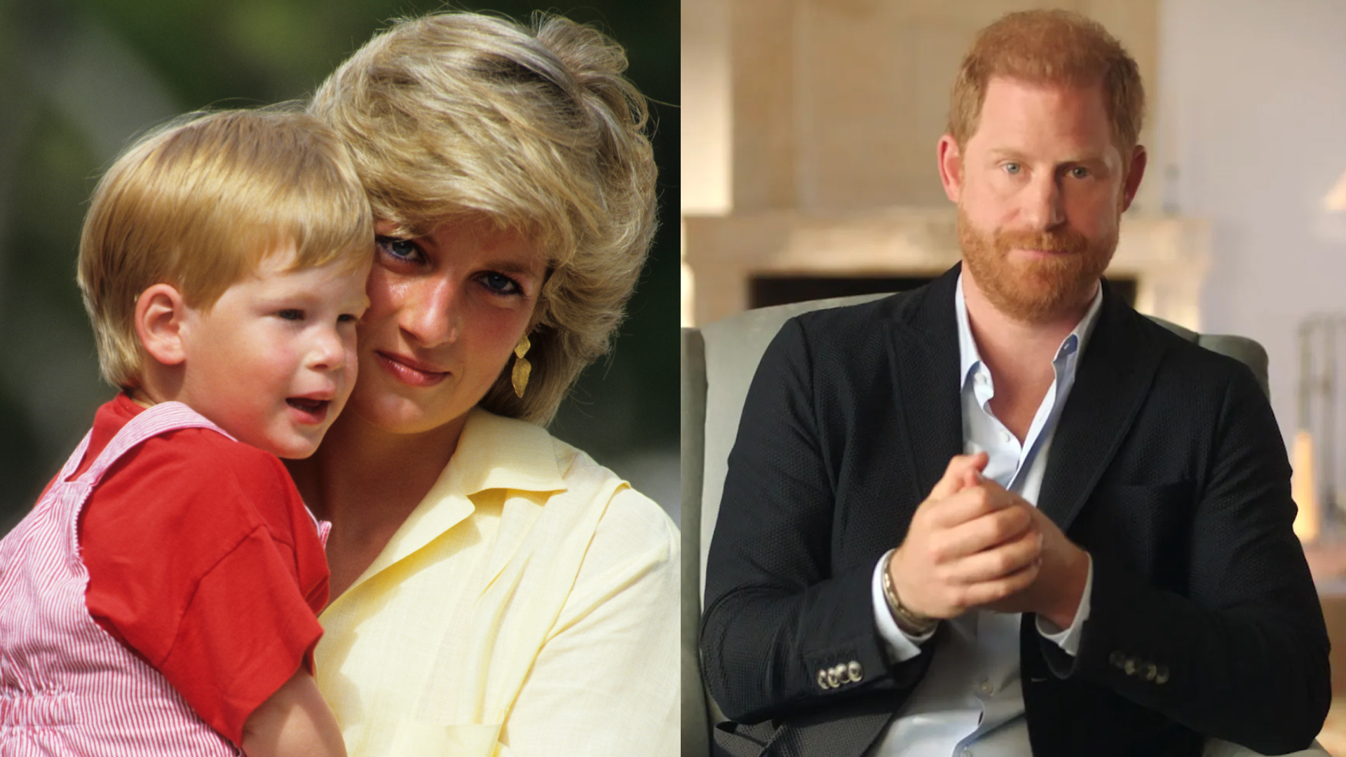 A split image of Princess Diana holding a young Prince Harry and pressing her face against him and an adult Prince Harry sitting in a chair in a suit jacket