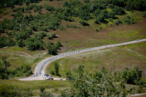 Riders get to the top part of the long decent.