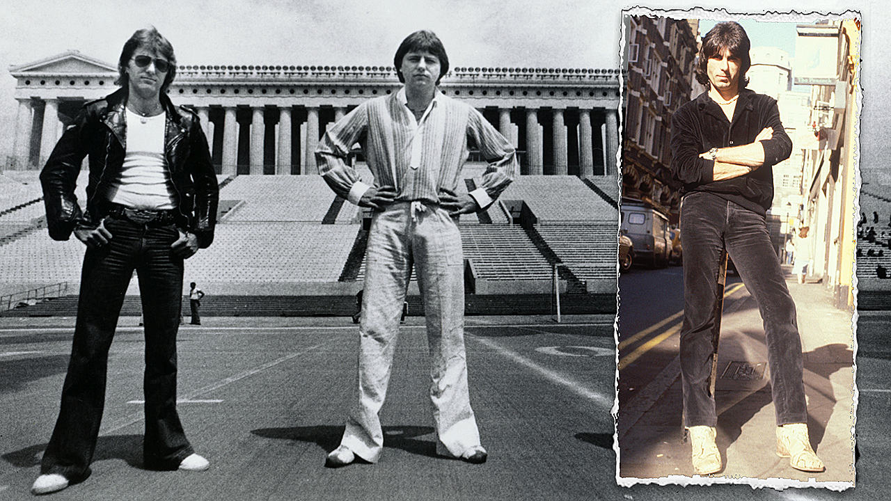 Keith Emerson and Greg Lake with, overlaid, Cozy Powell
