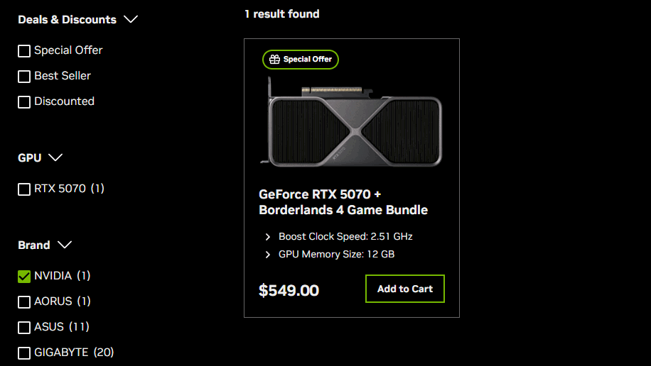 A screenshot of the Nvidia marketplace showing only a single Founders Edition GPU available