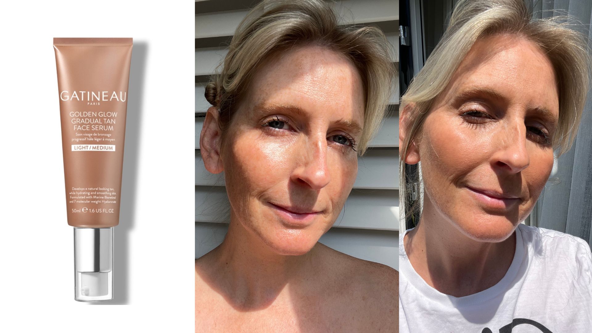 A before and after of Charley using the Gatineau Golden Glow Gradual Tan Face Serum next to a product shot
