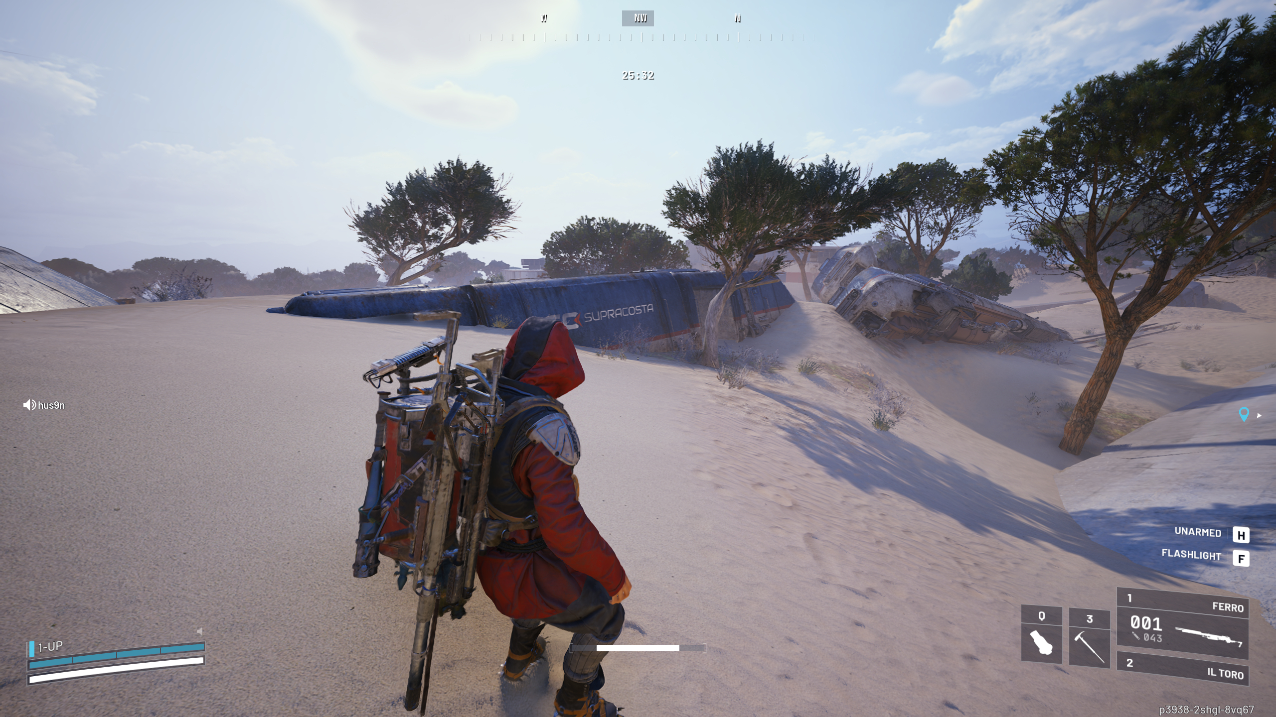 Arc Raiders Line in the Sand: A player looking at train cars and trees in the sand dunes.