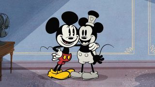 Modern Mickey and Steamboat Willie Mickey together