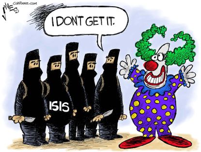 Editorial cartoon World ISIS threat creepy clowns