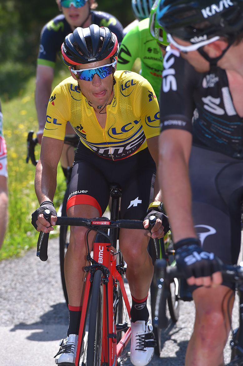 Richie Porte (BMC) sits in the main peloton.