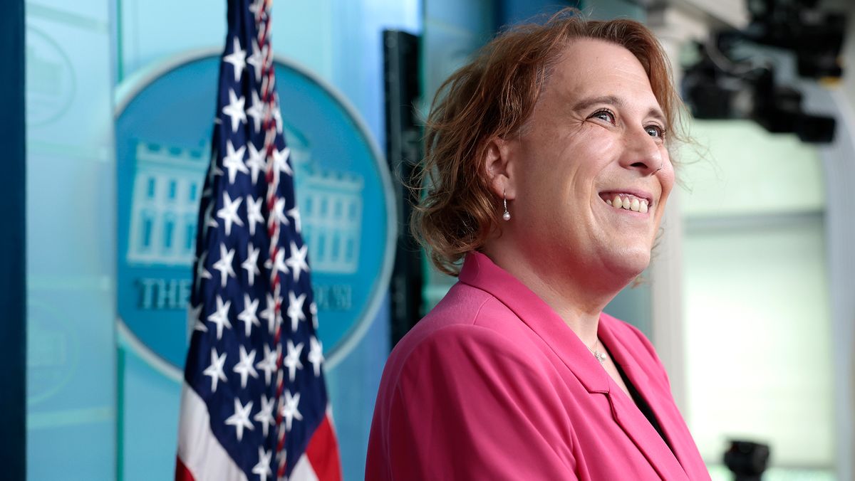 Jeopardy! champion Amy Schneider talks with reporters in the James S. Brady Press Briefing Room of the White House on March 31, 2022 in Washington, DC. In honor of International Transgender Day of Visibility, Schneider, the first openly transgender Jeopardy! winner, visited the White House to meet with Second Gentleman Doug Emhoff and discuss the advancement of transgender rights.