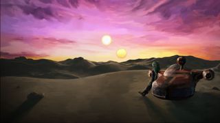 A twi'lek leans against a speeder on Tatooine