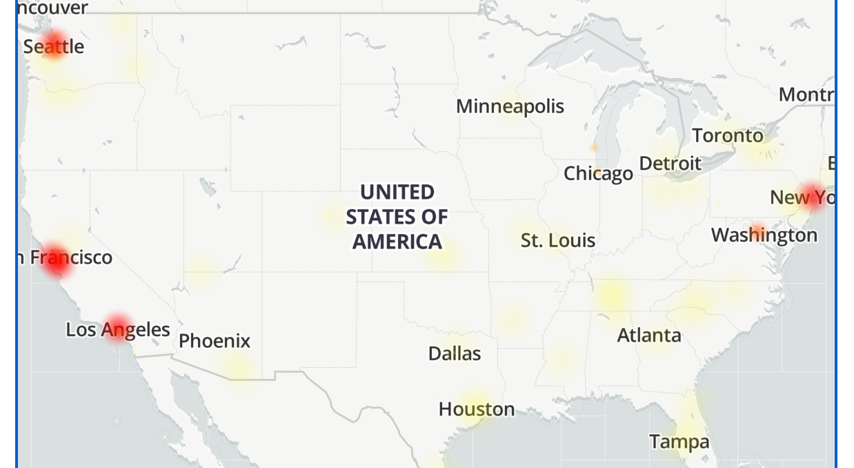 Down Detector map of affected areas during the AWS outage