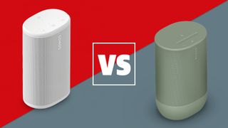A white Sonos Play and olive green Sonos Move 2 speaker on a red and grey background with a white versus sign between them.