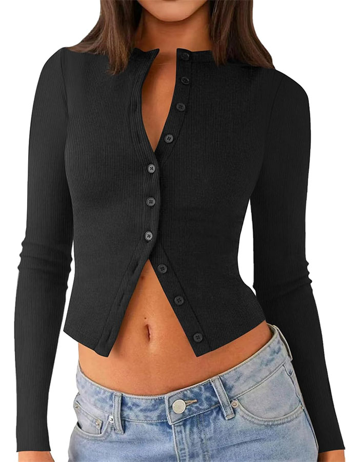 Matunana Womens Fall Long Sleeve Tops Lightweight Cardigan Cropped Sweaters Crop Going Out Shirts Ribbed Button Down Cute Y2k Trendy Outfits Fashin Clothes 2025 Black