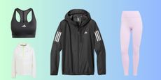 Selection of Adidas products - a bra, two jackets and leggings - on a color background