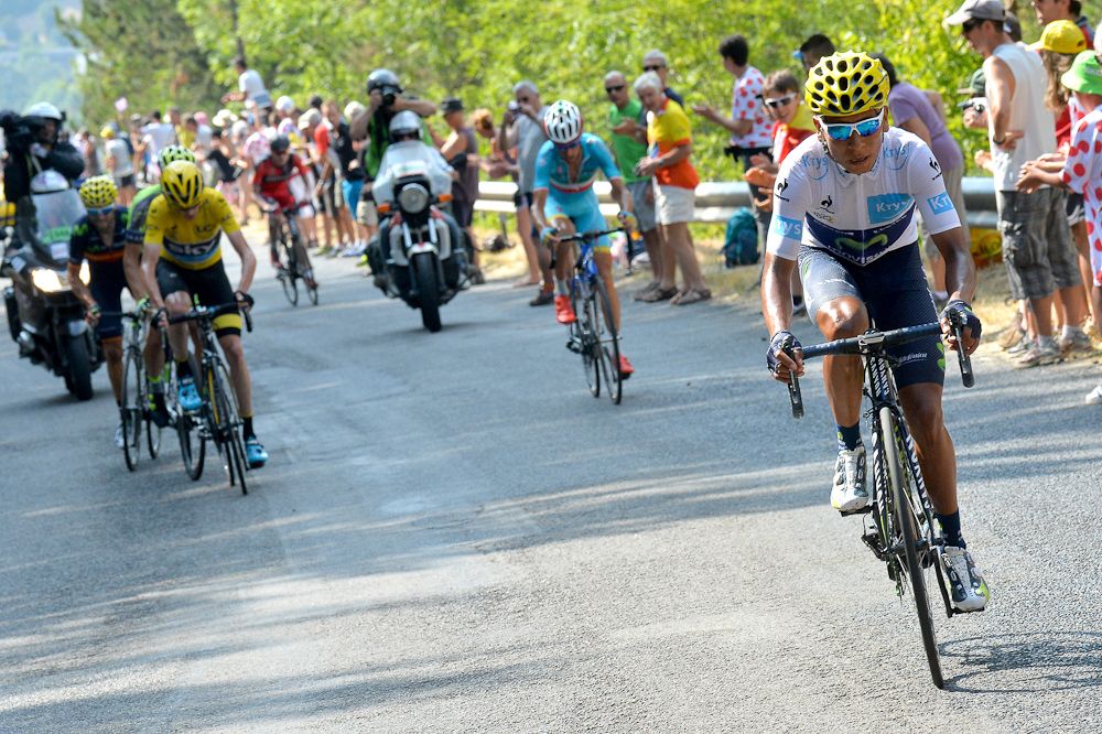 Nairo Quintana rides ahead of Vincenzo Nibali.