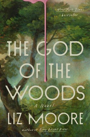 the god of the woods book cover with a wooded tree and pink paint dripping down