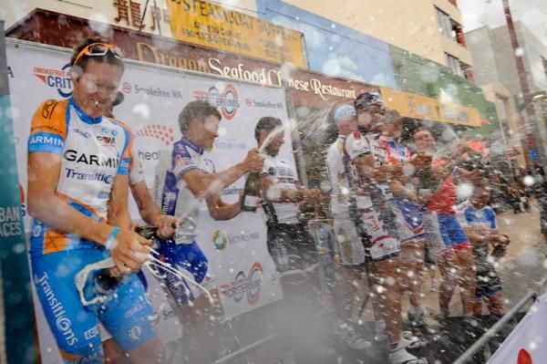 Champagne celebrations on the podium