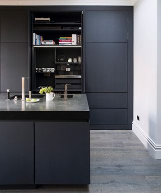 A modern kitchen with dark blue black cabinets