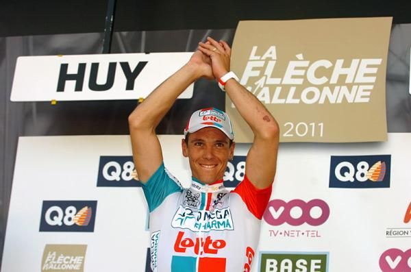 Fl&eacute;che Wallonne winner Philippe Gilbert on the podium.