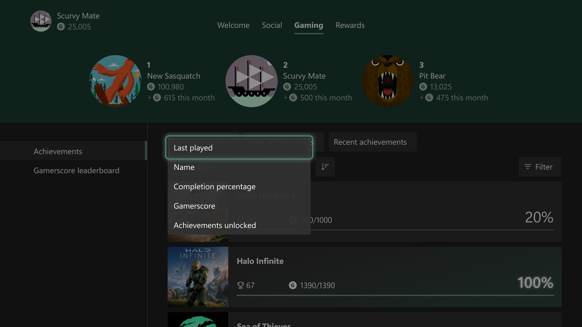 A player is accessing a menu screen that is allowing them to view their Xbox Achievement history