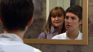 Victoria looks fearful as Lee's mum Wendy corners her in Emmerdale