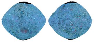 NASA’s OSIRIS-REx mission created these images using false-color Red-Green-Blue (RGB) composites of asteroid Bennu. A 2D map and spacecraft imagery were overlaid on a shape model of the asteroid to create these false-color composites. In these composites, spectrally average and bluer than average terrain looks blue, surfaces that are redder than average appear red. Bright green areas correspond to the instances of a mineral pyroxene, which likely came from a different asteroid, Vesta. Black areas near the poles indicate no data.