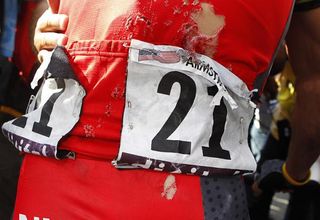 Lance Armstrong's jersey was ripped after his second crash of the stage.