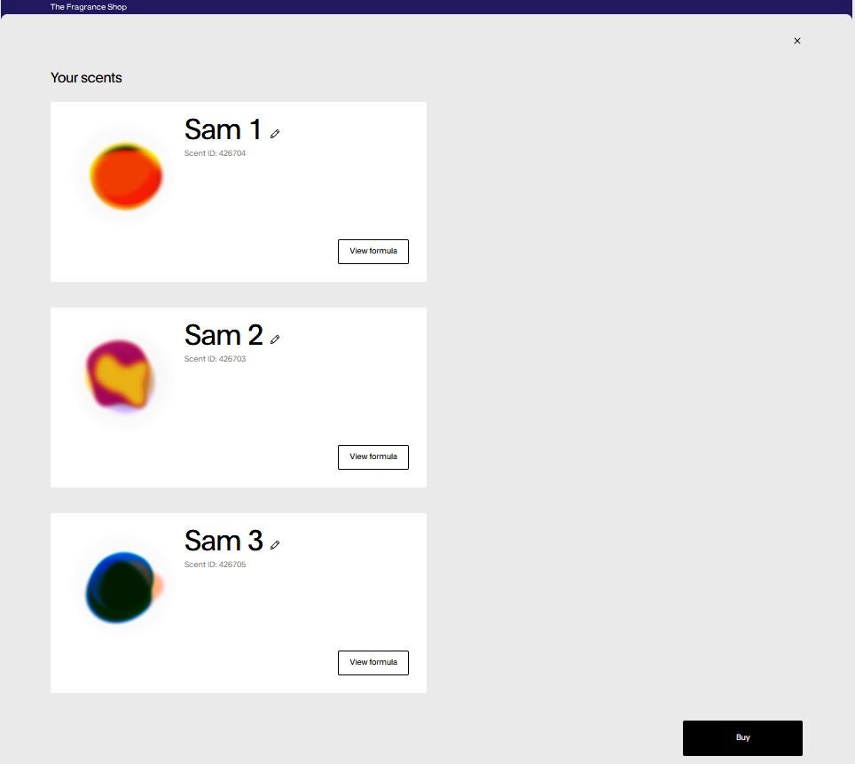Screenshots of the order process for the EveryHuman AI fragrance